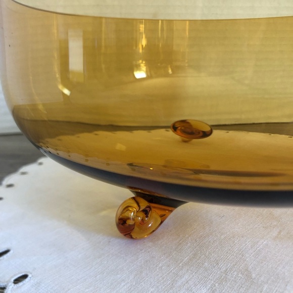 Handblown Amber Art Glass Bowl with Feet - Picture 3 of 11